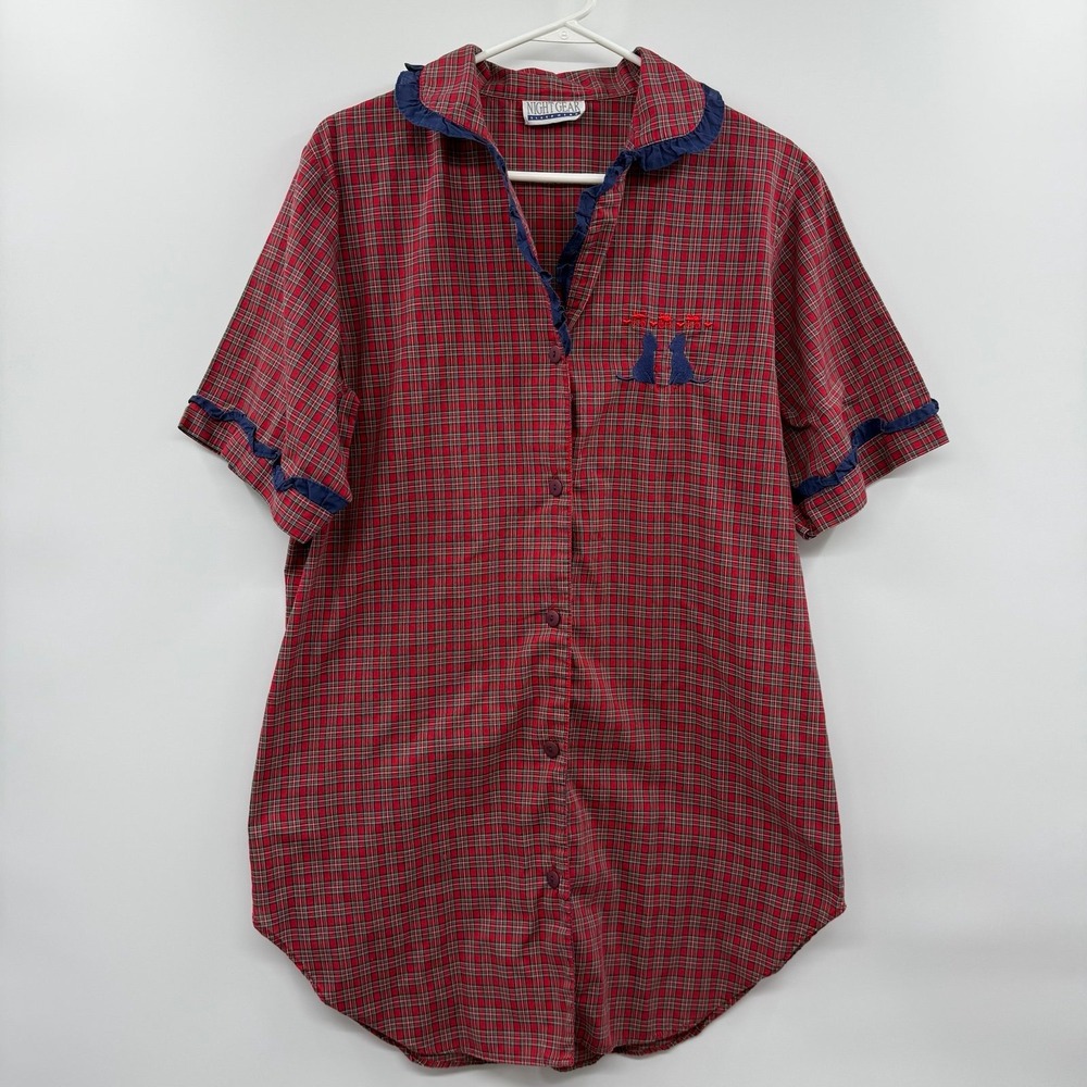 Vtg nightgear sleep wear plaid Shirt Nightgown embroidered cat & mouse